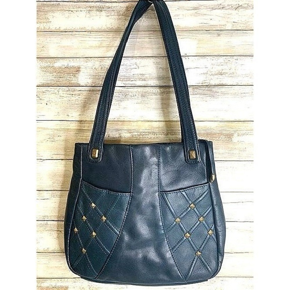 Stone Mountain Dark Teal Leather Studded Shoulder Bag & Zipper Closure